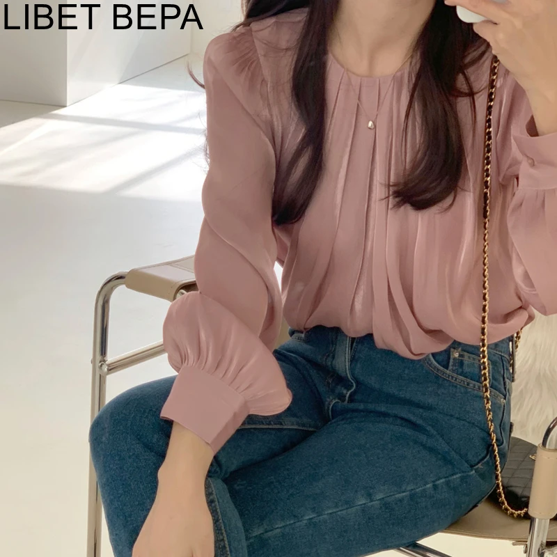 New 2022 Spring Summer Women Blouses Fashionable Fold Shirt Sweet Wild Elegant Office Lady Korean Vintage Pink Short Tops BL5656