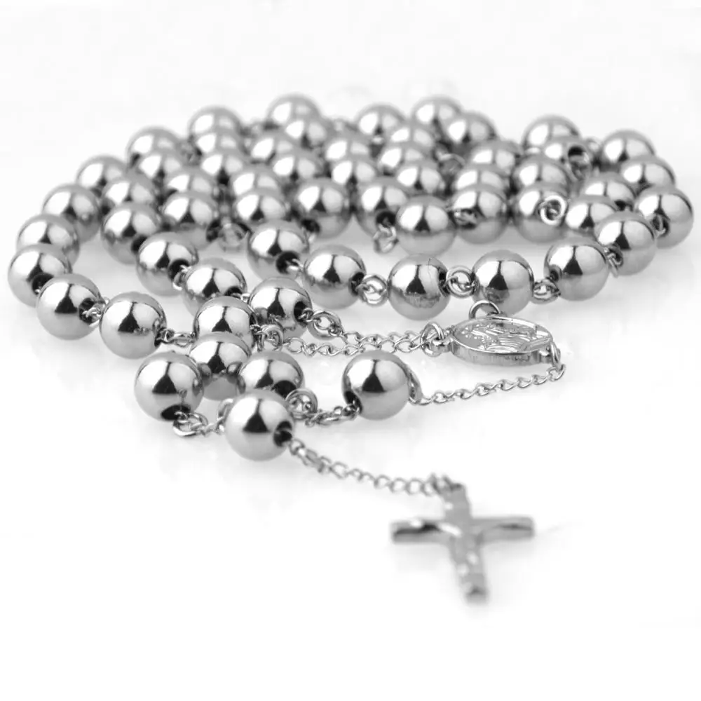 10mm Golden & Silver Color Stainless Steel Beads Rosaries Metal Rosary Round Beads Necklace Catholicism Prayer Religious Jewelry