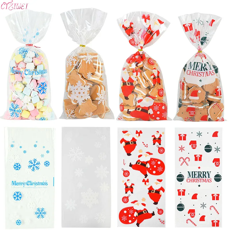 Transparente Plastic Christmas Gift Bag, Xmas Home Presents, Cookies Embrulho Sacos, Loja Venda, 50Pcs