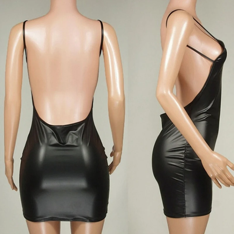 Vestido corto de piel sintética con espalda descubierta para fiesta, minivestido Sexy de látex negro liso con aspecto húmedo y sujetador de realce