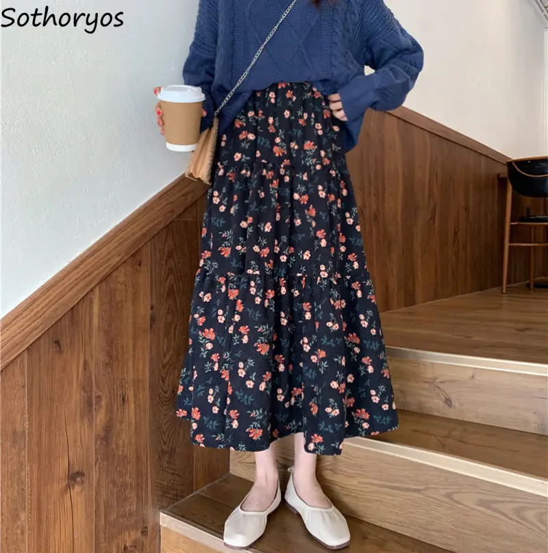 

Women Skirts Corduroy Lovely A-line High-waist Causal Fashion Fall Pleated New Korean Style Elegant Chic Harajuku Floral Retro