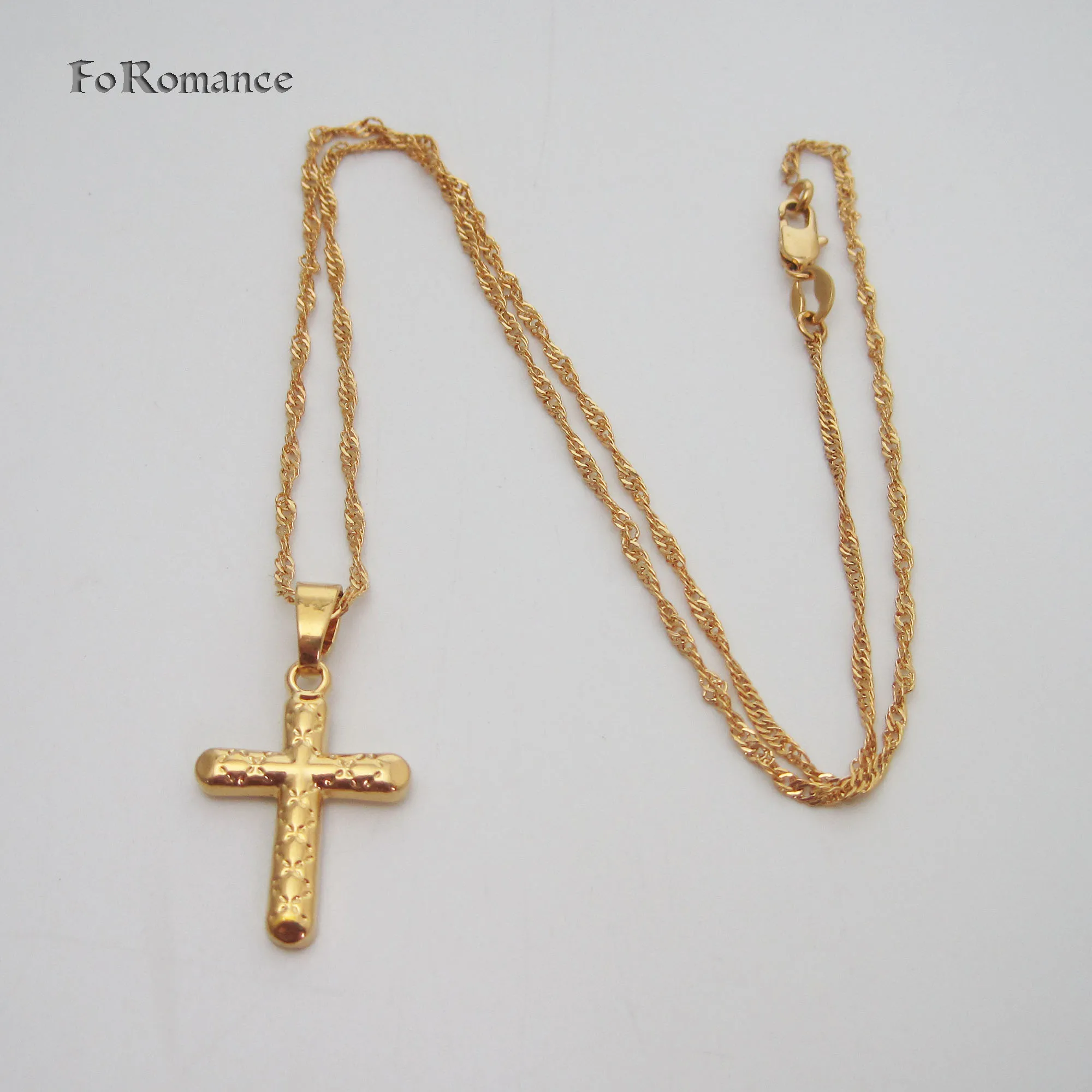 2 SIZES YELLOW GOLD PLATED 18INCH WATER WAVE CHAIN CARVED PLAIN SURFACE WRONG MARK PATTERN CROSS PENDANT NECKLACE GREAT GIFT