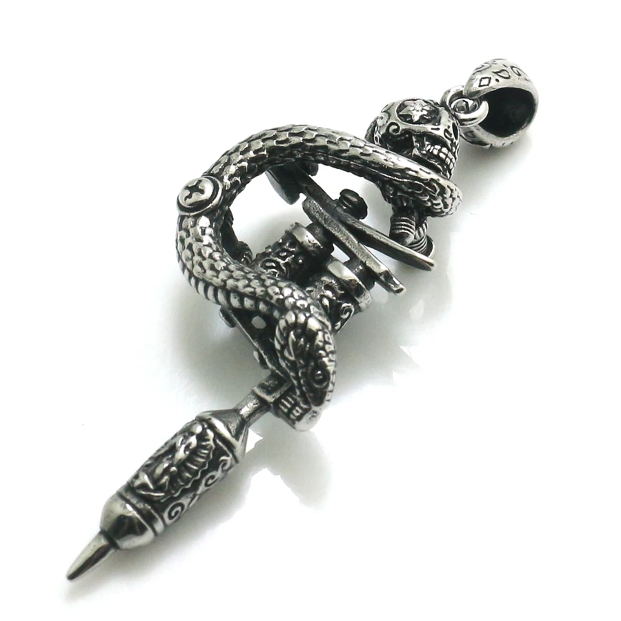 Men's 316L Stainless Steel Cool Punk Gothic Skull Tattoo Gun Snake Pendant For Friend Gift