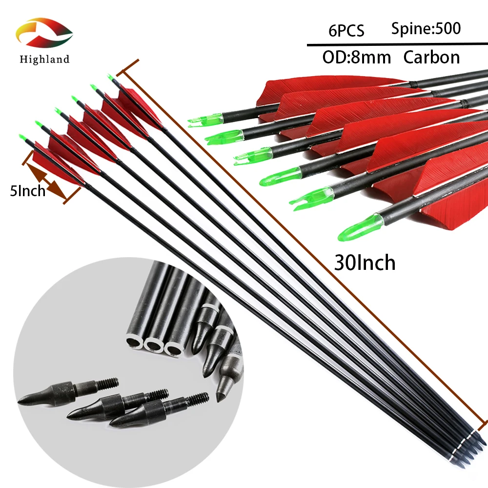 6PCS 28/30 Inch 5Inch ID7.6mm  Turkey Feather Spine 500 Mixed  Carbon Compound Bow Hunting Arrows With Replaceable Arrows