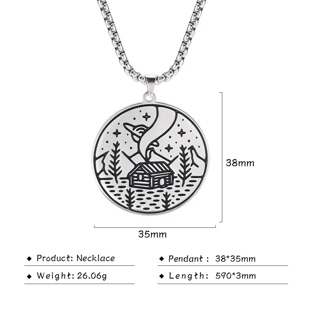 Skyrim Lover Coconut Tree Sun Mountain Pendant Necklace Happy Camper Scenery Stainless Steel Golden Chain Necklaces Jewelry Gift