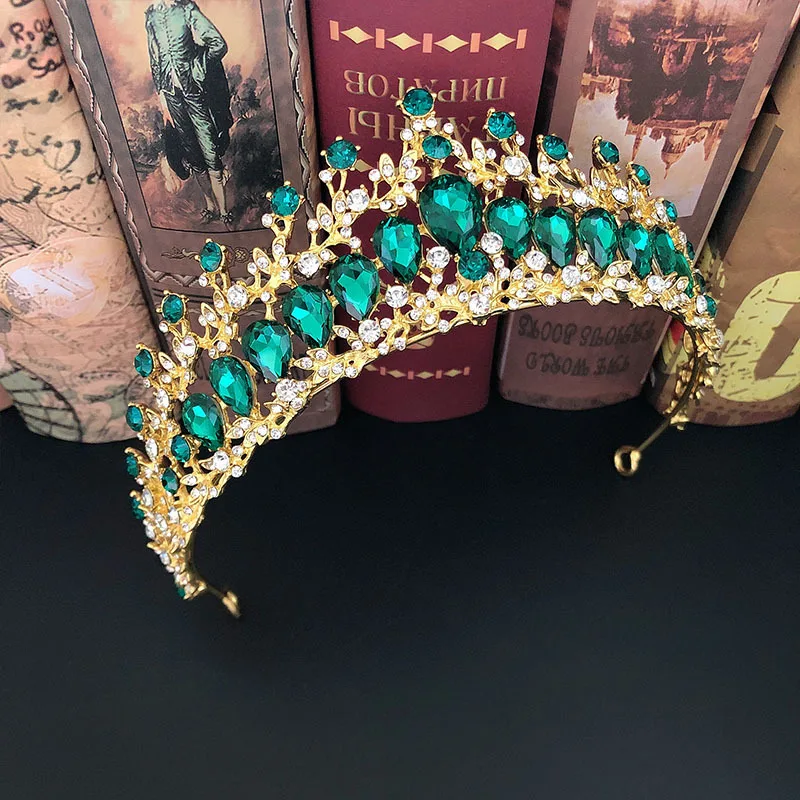 Baroque Gold Color Green Crystal Bridal Jewelry Sets Rhinestone Tiaras Crown Earrings Choker Necklace Wedding Dubai Jewelry Set