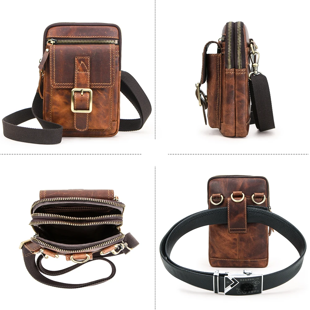CONTACT\'S FAMILY Crazy horse leather Male Phone Pouch Bags Case For iphone 16 15 14 Pro Waist Pack Bag Men\'s Shoulder Belt Bag