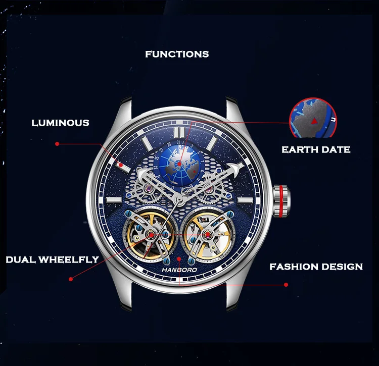 هانبورو ساعة رجالية فاخرة ساعات أوتوماتيكية للرجال ساعة يد ميكانيكية مقاومة للماء هيكل عظمي مضيء تاريخ عجلات مزدوج