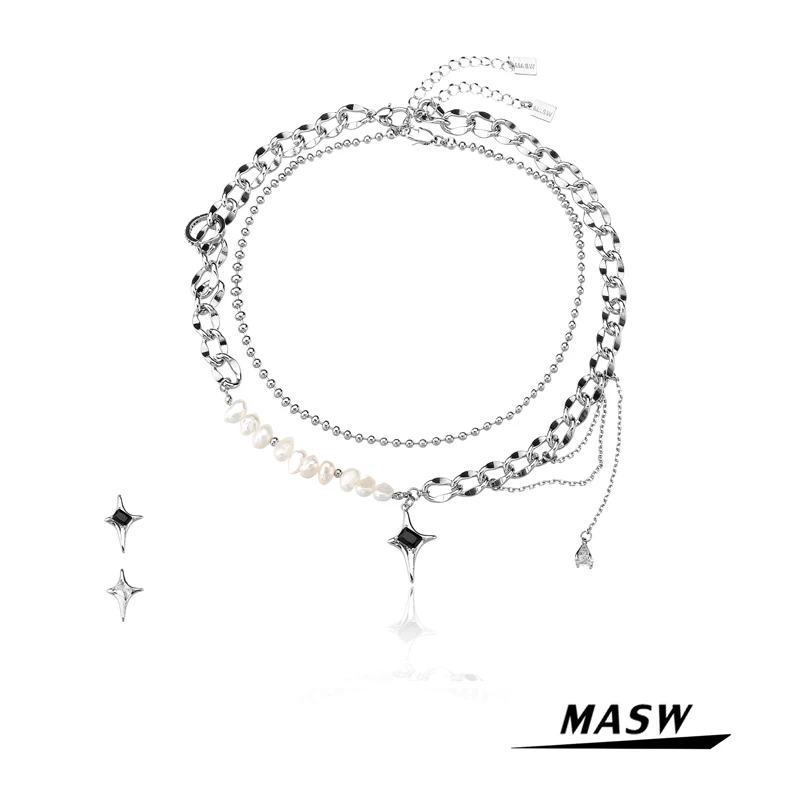 MASW Original Design Fashion Chain Necklace 2021 New Trend Two Layer Natural Pearl Glass Star Pendant Necklace Women Jewelry