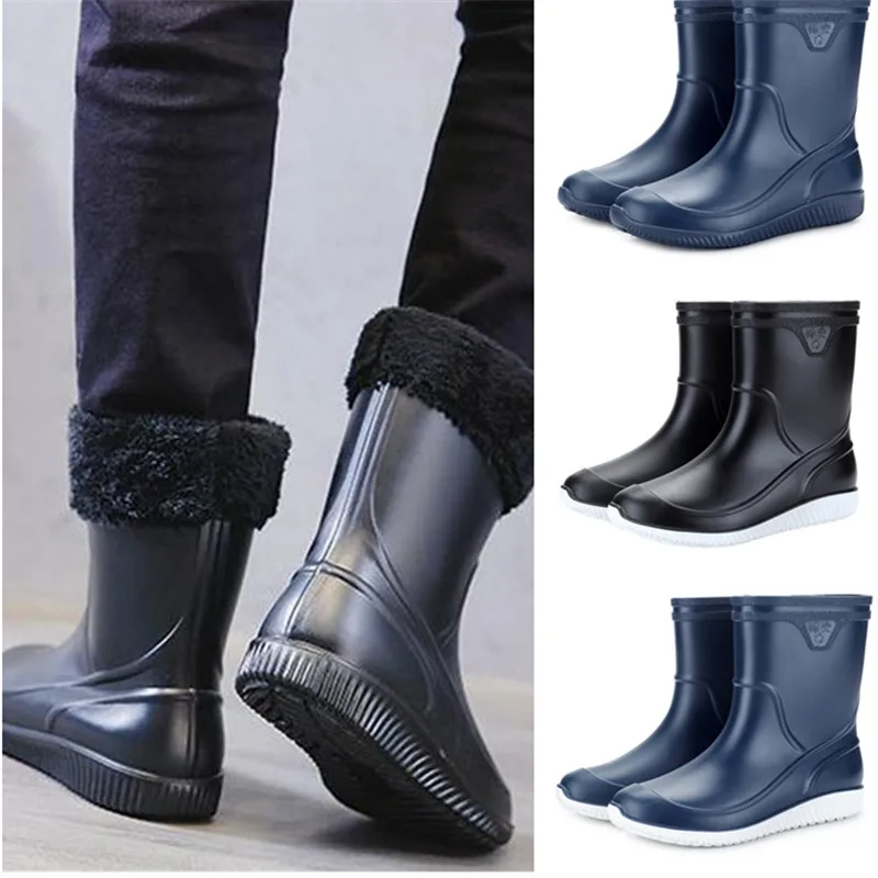 2024 Waterproof Men's Rain Rubber Boots Non-slip Shoes Thick PVC Material Students High Quality Detachable Velvet Cotton Design