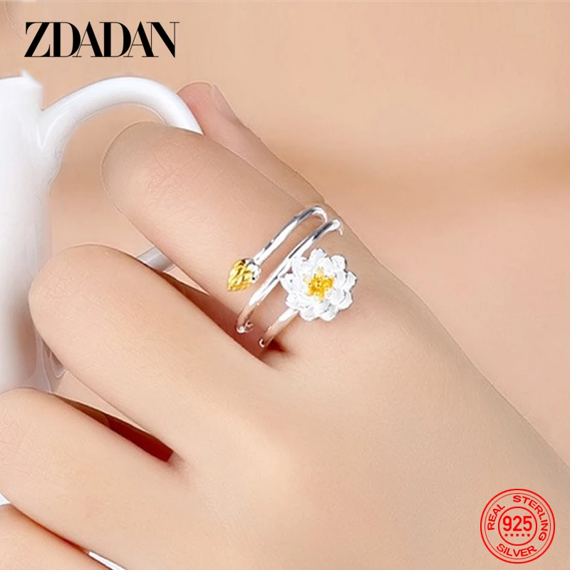 Zdadam – bague de Lotus à breloques en argent Sterling 925 pour femmes, anneau de doigt ouvert réglable, bijoux cadeau