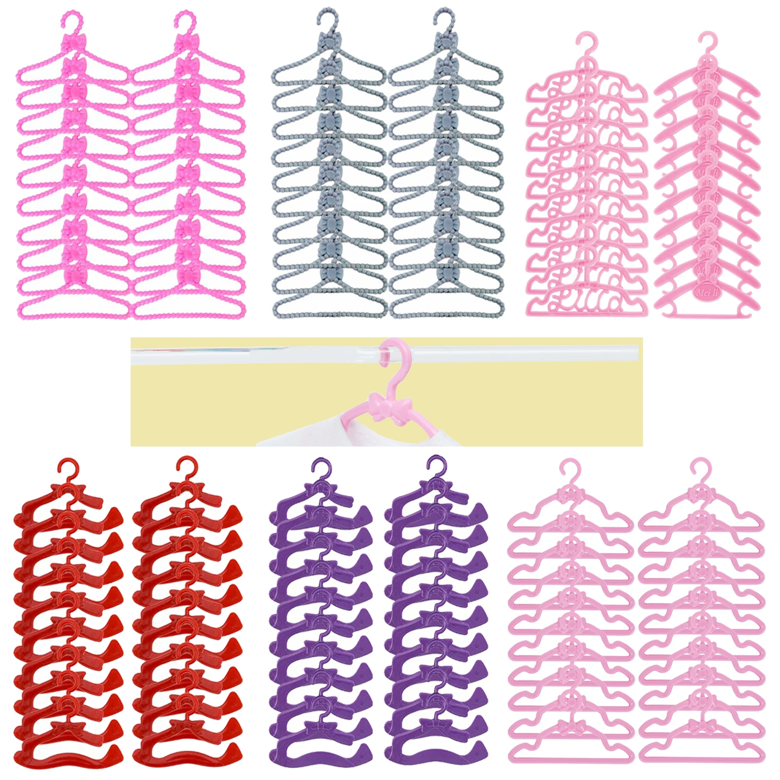 20 sztuk / partia Plastikowe wieszaki dla lalek Śliczne mini ubrania w różnych stylach Akcesoria dla lalek 11,5 '' Szafa dla lalek Domek dla lalek DIY Zabawki