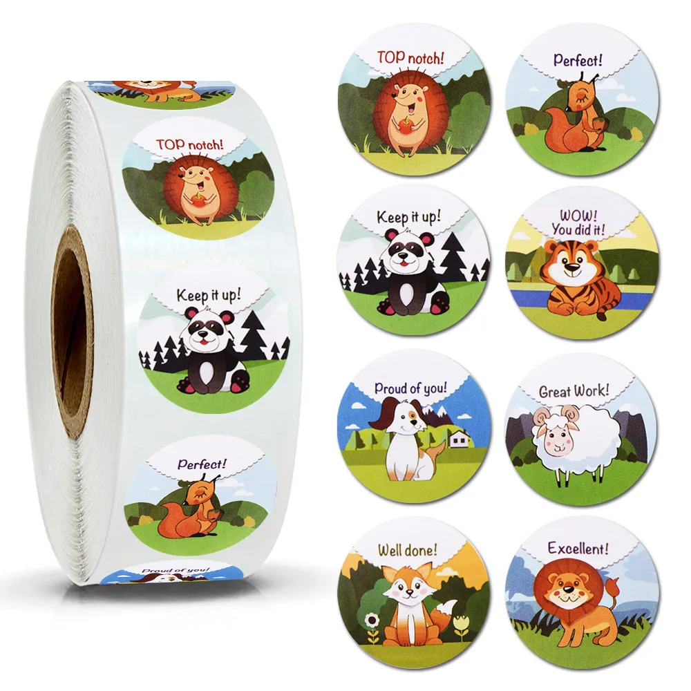 

1 Inch Face Stickers For Kids 500pcs/roll Reward Stickers 'WOW! YOU DID IT' Encourage Labels Cute Animals Motivational Sticker