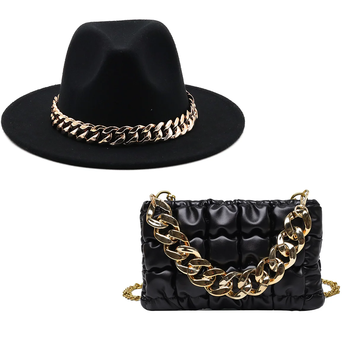 New luxury Girl Wool Chain Fedora Hat oversize Chain Accessory Bag Hat For Women flat top Hat ultimo Set di due pezzi hémien