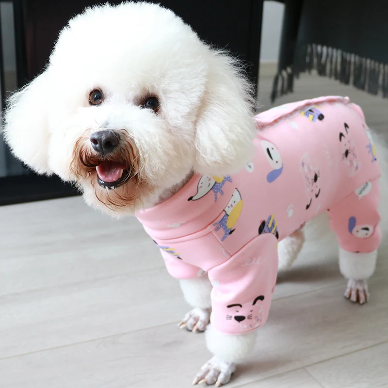 Pet Dog Jumpsuit Warm Fleece Puppy Clothes Pink Printed High Neck Overalls For Small Dogs Protect Belly Pajamas Chihuahua Coat