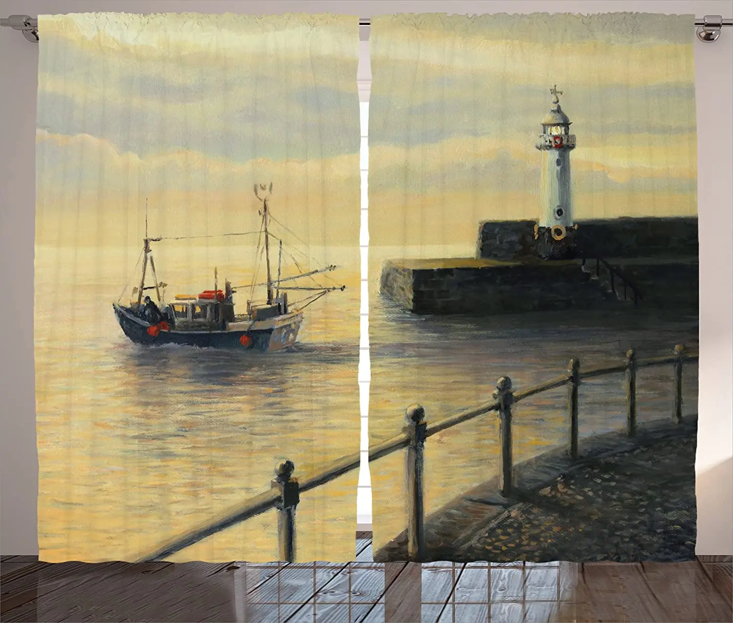 Lighthouse Curtains Fishing Boat Leaving The Port in Mevagissey at Early Morning Sunrise View Landscape Living Room Bedroom Wind