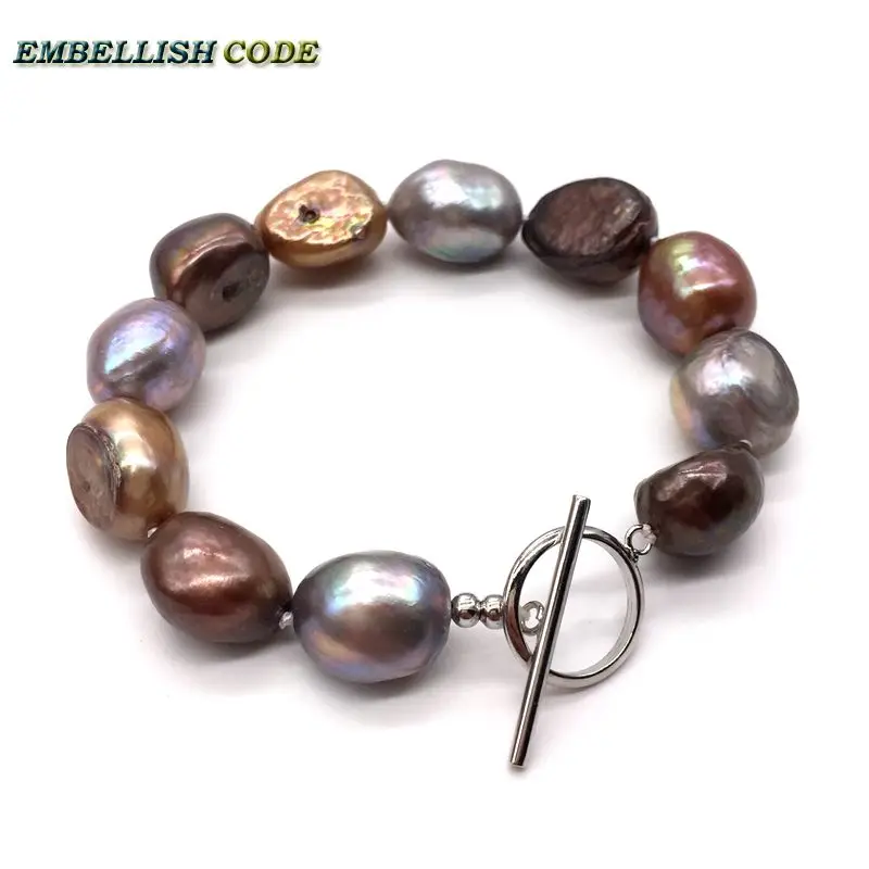 

OT Clasp Grey Brown Coffee Mixed Color 12mm to 15mm Seedless Baroque Pearls Bracelet Classic For Girl Women Natural Freshwater