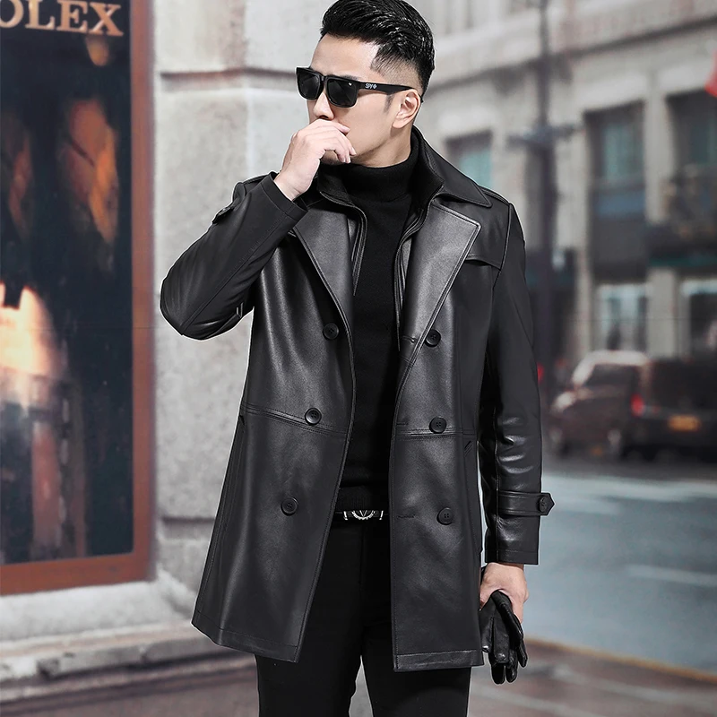 Men Genuine Leather Double Collar Jacket Male Cowhide Overcoat Autumn Winter Business Coat Trench Style Double Breasted Clothes