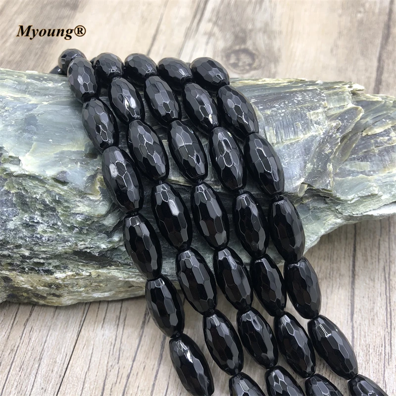 

Natural Stone Faceted Black Agates Olivary Rice Bead,Onyx Loose Space Beads For DIY Jewelry Making MY210549