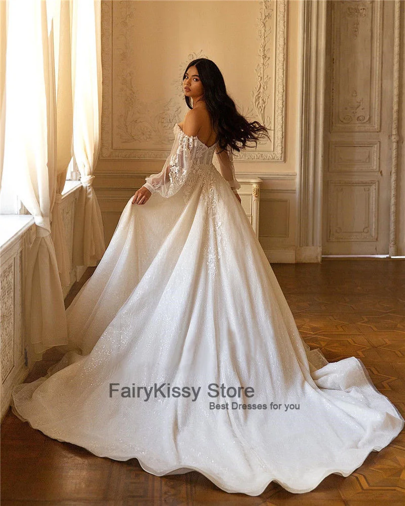 FairyKissy-Vestidos de novia góticos de princesa, brillantes, de manga larga, encaje, Vintage, 2021