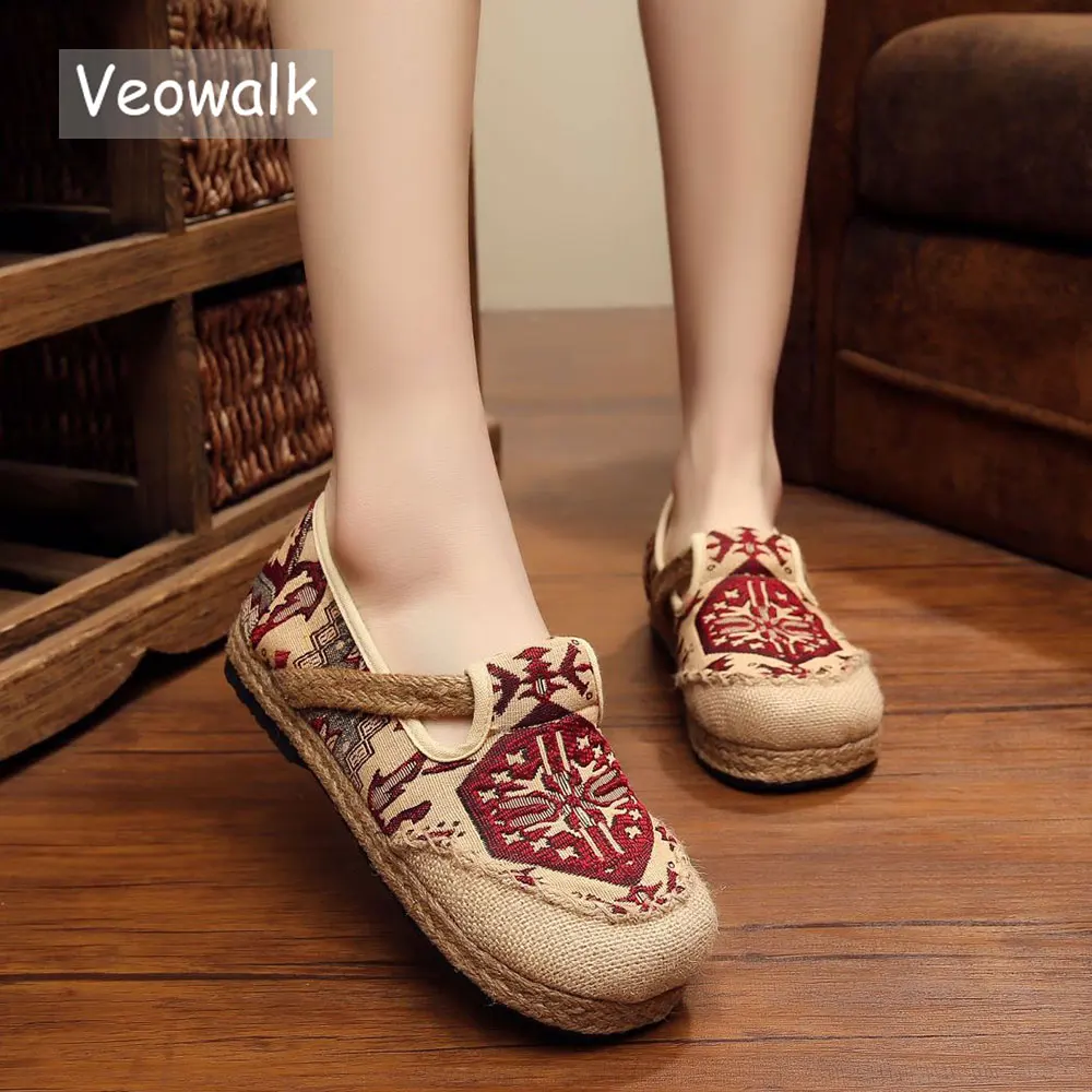 Veowalk Embroidered Women Casual Linen Cotton Shoes Ladies Walking Flats Woman Driving Loafers Zapatos Mujer Plus Size 35-44