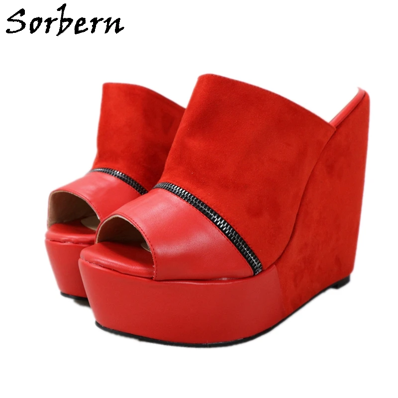 

Sorbern Red Open Toe Summer Sandals For Women Slides Wedges Extrem High Heels Platforms Zipper Open Slippers Women Casual Shoes