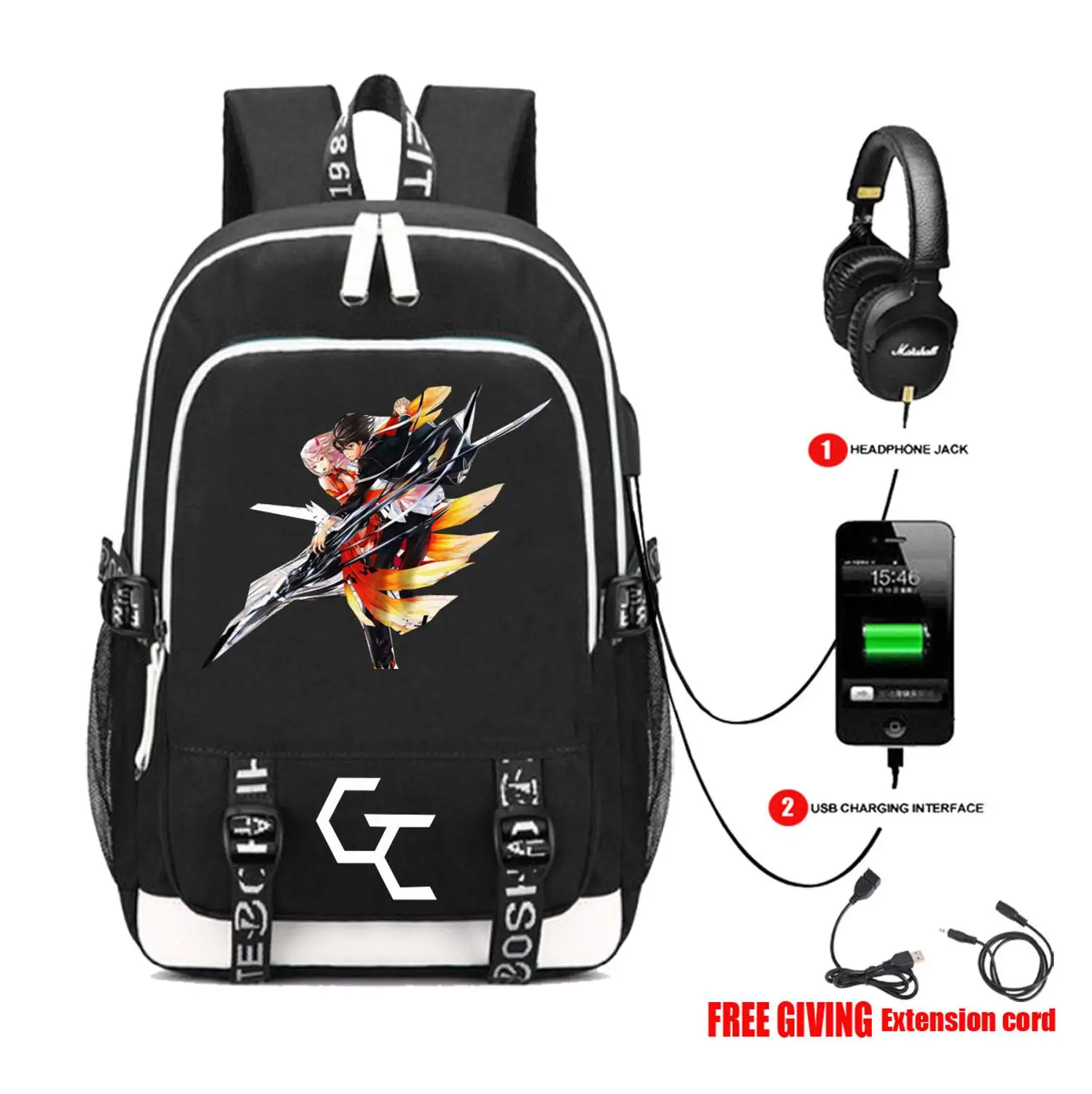 

USB Charge Interface Men Women Travel Laptop bag Teenagers Shoulder Backpacks Anime Guilty Crown School book Backpack 8 style