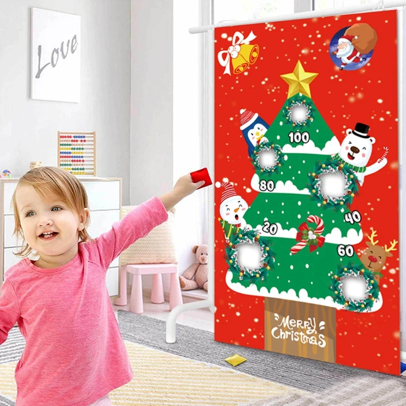 Kids Party Fun Throwing Game Christmas Tree Santa Claus Pattern Target Hanging Flag with 3 Sandbag Holiday Decor Toss Catch Toy