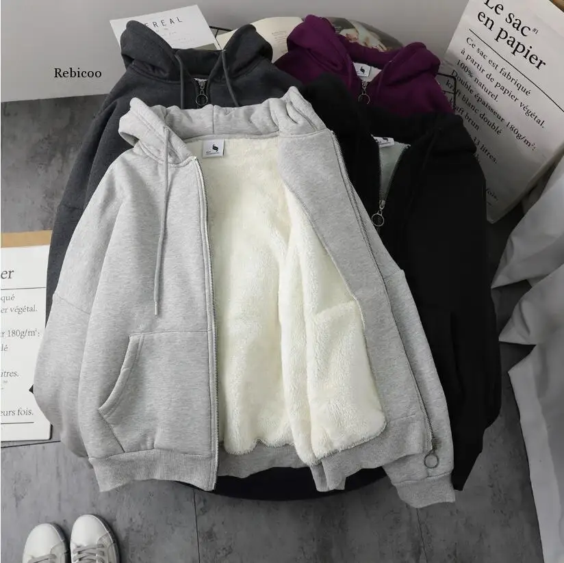 

Jacket female solid color autumn and winter imitation lamb wool Korean loose plus velvet thick hooded sweater wild cardigan top