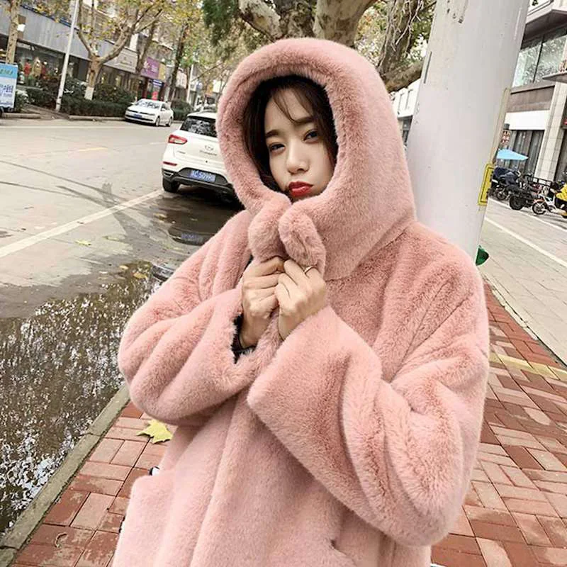 Winter Coat Women Faux Rabbit Hair Fur Coat Korean Hooded Imitation Mink Hair Long Jacket Loose Thick Warm Faux Fur Jacket Tide