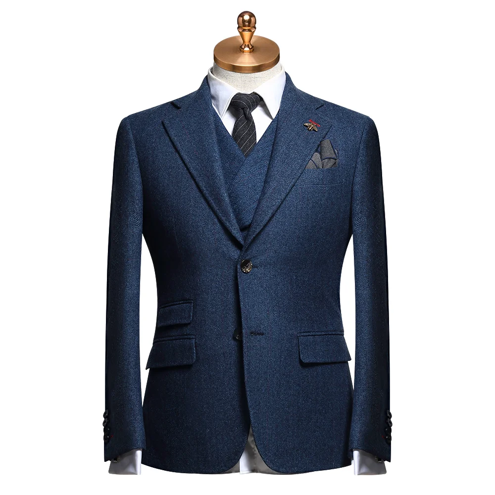 

50% wool mens suits 2piece 3 piece set blue brown plaid slim fit wedding groom suit thickness business man blazer vest pant plus