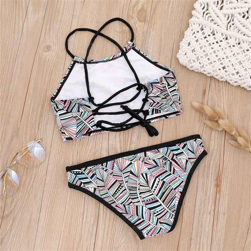 7-14 Years 2024 Print Falbala Girls Kids Swimwear Swimsuit Summer Children Biquini Infantil Bathing Suit Kids Girls Bikini Set