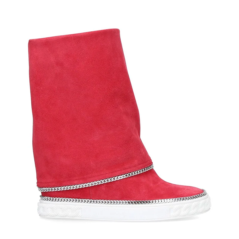 Royal Blue Pink Yellow Suede Fine Chains Middle Boots Inner Wedge Height Increased Round Toe Slip On Roman Boots