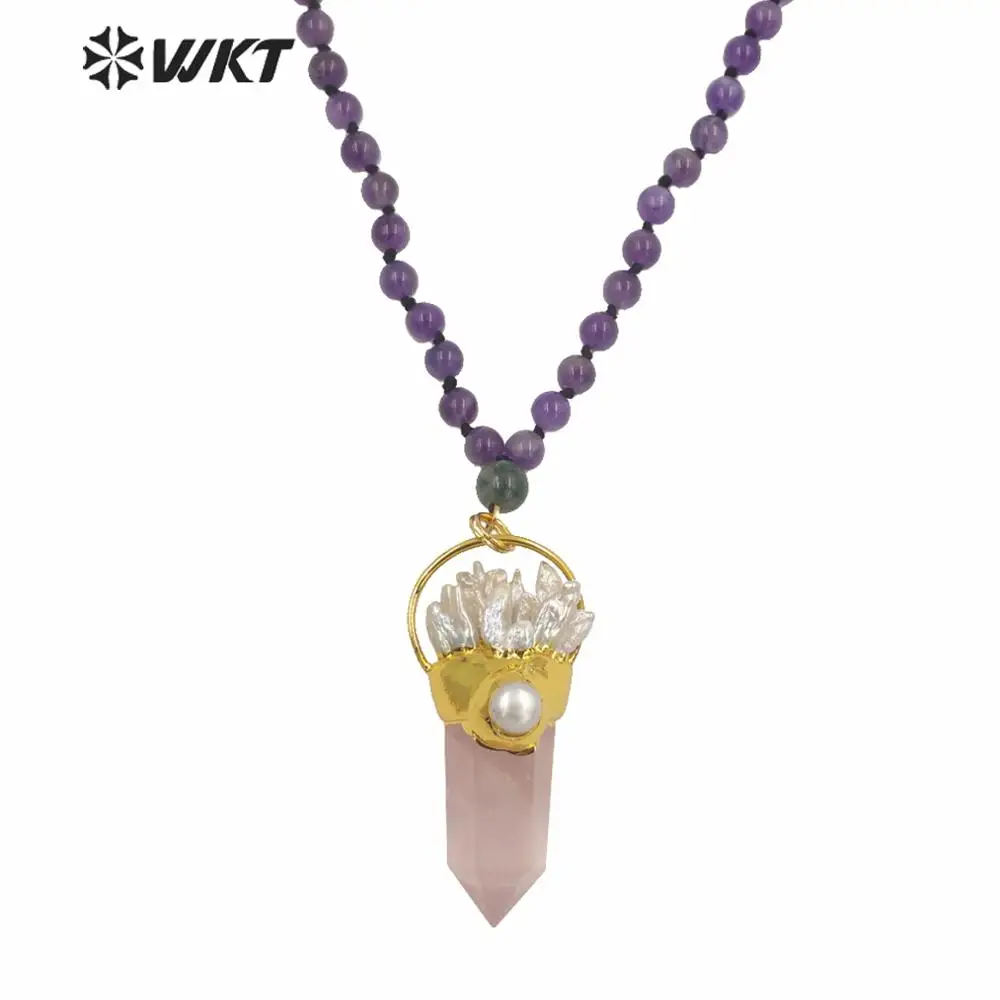 

WT-N1243 Amazing women gorgeous spirit quartz point necklace 30 inch long 8mm round a-methyst beads pink stone pendant necklace