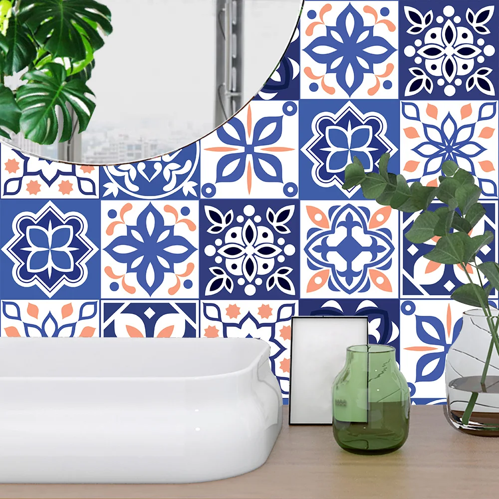 Mexico Style Blue & Orange Floral Texture Hard Floor Tiles Wall Sticker Kitchen Home Decor Wallpaper Waterproof Ground Art Mural