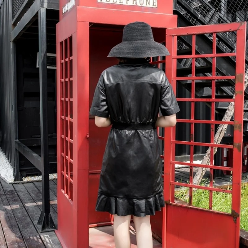 Harajuku – robe en cuir véritable pour femmes, fermeture éclair, à volants, Streetwear, noir, rouge, peau de mouton, taille haute plissée