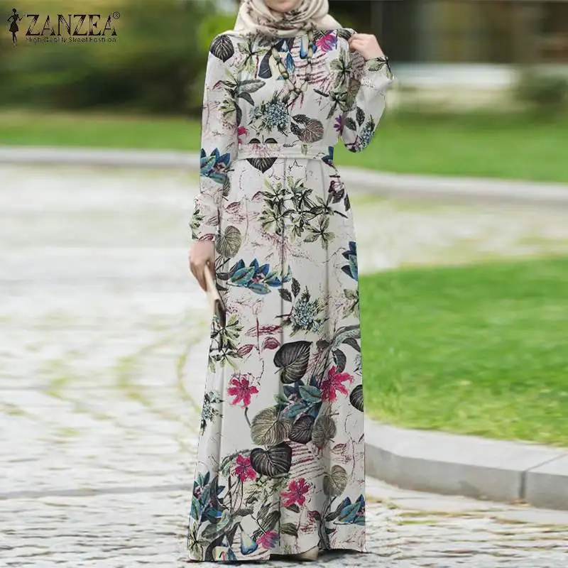 ZANZEA Women Spring Muslim Dress Kaftan Printed Floral Dress Abaya Morocco Long Maxi Dress Bohemian Casual Sundress Robe Femme