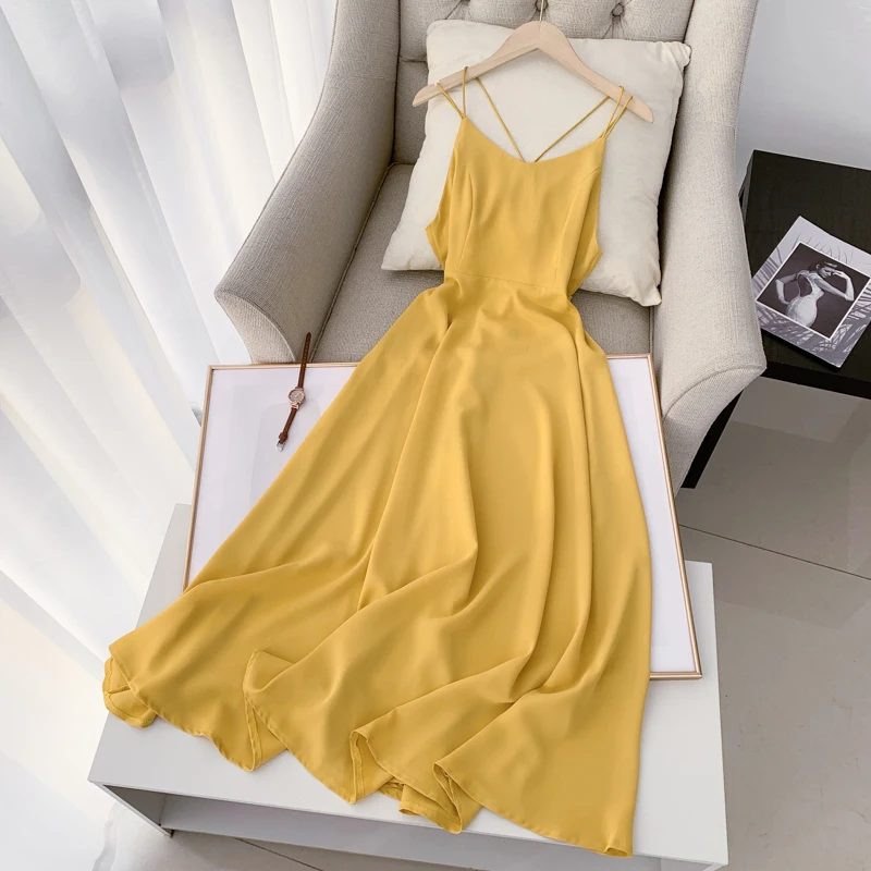 

Summer Women Chiffon Spaghetti Strap Long V-Neck Dress Solid Color Sleeveless High Waist Fashion Female Inner Dresses RE2092