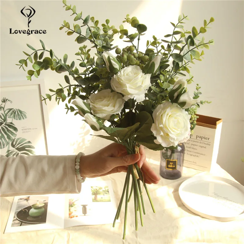 Lovegrace Bouquet เจ้าสาวดอกไม้งานแต่งงานเจ้าสาว Rose Eucalyptus ใบ Bouquet ดอกไม้ประดิษฐ์ดอกไม้ผ้าไหมตารางกลางอุปกรณ์เสริม