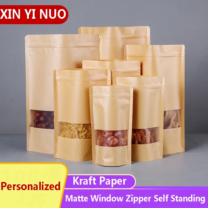 Zip Lock Kraft Paper, Frosted Window, Stand Up Gift, Dried Food, Fruit Tea Packaging Pouches, Zipper Self Sealing Bags,50Pcs Lot