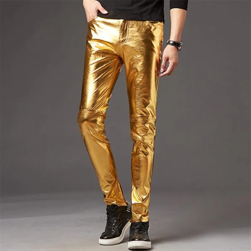 Mens Skinny Shiny Gold Silver Black Pu Leather Pants Motorcycle Men Nightclub Stage Pants for Singers Dancers Casual Trousers
