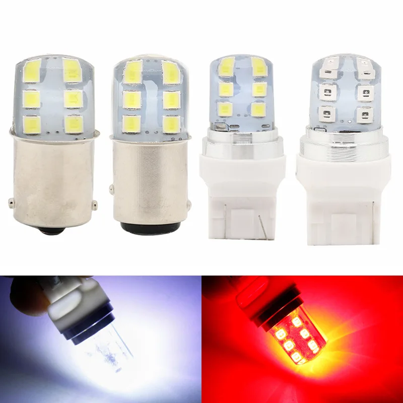 100pcs T25 3157 T20 7443 1157 Strobe flash Blink 12 SMD 2835 LED Silicone reverse lights brake light Parking Lamp 12V White red