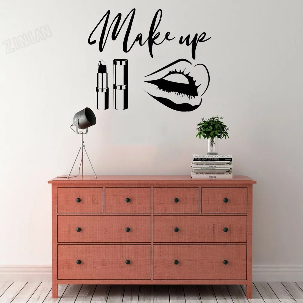 Beauty Salon Wall Stickers Make Up Wall Decals For Beatiful Woman Room Vinyl Art Lipstick Wall Stickers Decor Living Room Y126