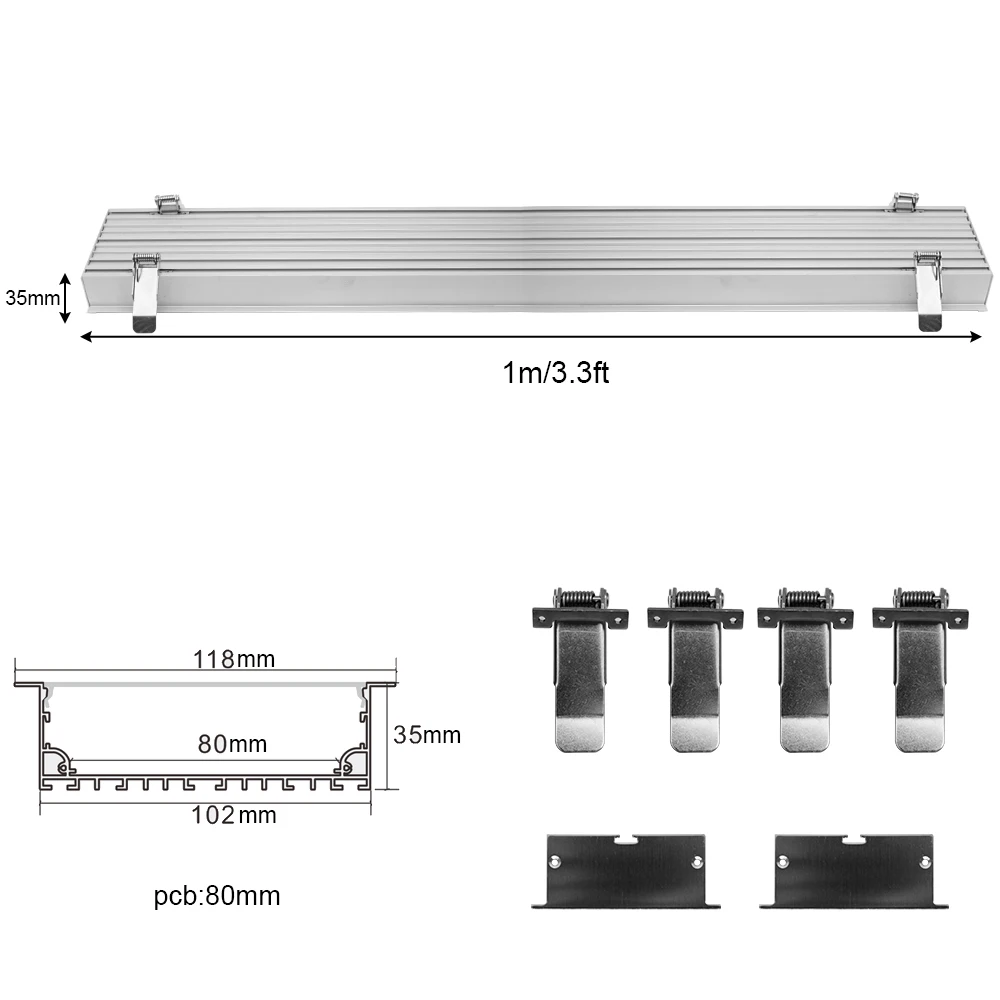 2 Pack 1M (3.3FT) H10235Amm  LED Aluminum Channel Kit Silver Profile w/ Milky Cover for Flush Mounting Ceiling or Wall Lighting