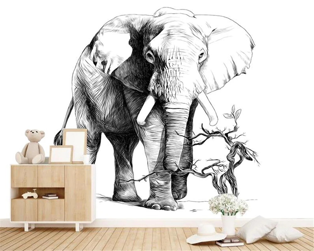 

Custom wallpaper cartoon black and white sketch elephant TV background wall painting home decoration living room 3d wallpaper