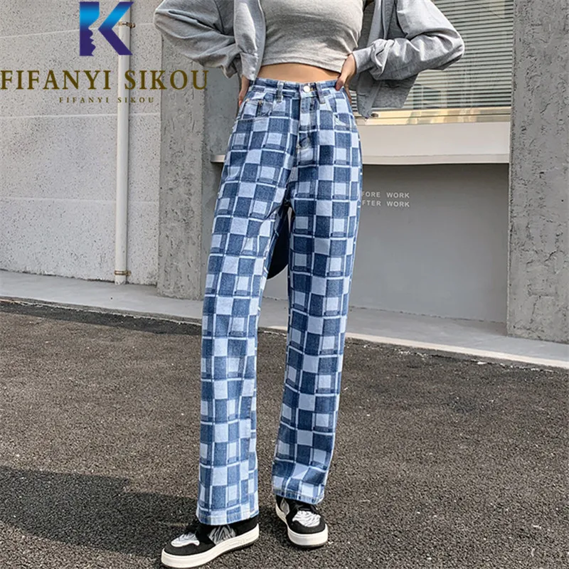 

Plaid Fsahion Washed Jeans Women Streetwear Loose Long Trousers High Waist Jeans 2022 Spring Casual Wide Leg Pants Jeans Female