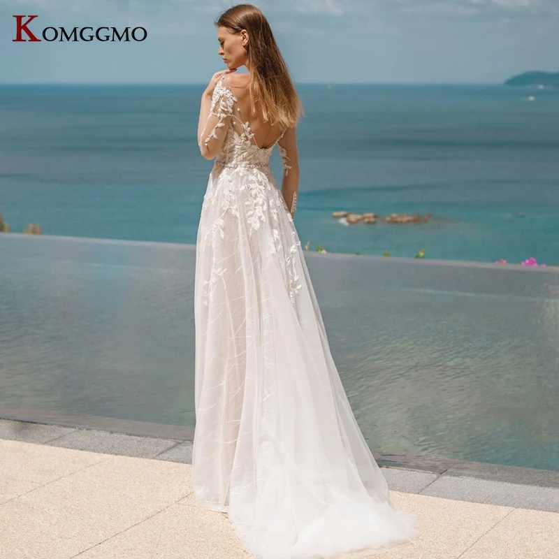 2023 New Arrival Full Sleeve Court Train Embroidery Appliques Tulle Bridal Gown High-End O-Neck Button Back A-Line Wedding Dress