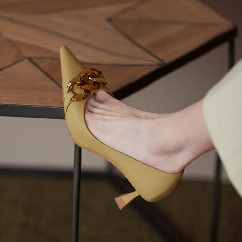 Pointed Toe Women Pumps Metal Chain Shallow Design Thin High Heels Pumps Yellow Shoes Office Pumps Work Shoes Woman Size 34-39