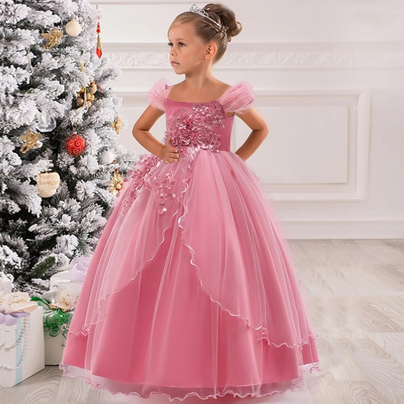 Teenager Girl Flower Bridesmaid Dress Party Kids Dresses For Girls Children Costume Lace Wedding Princess Dress 12 14 Years