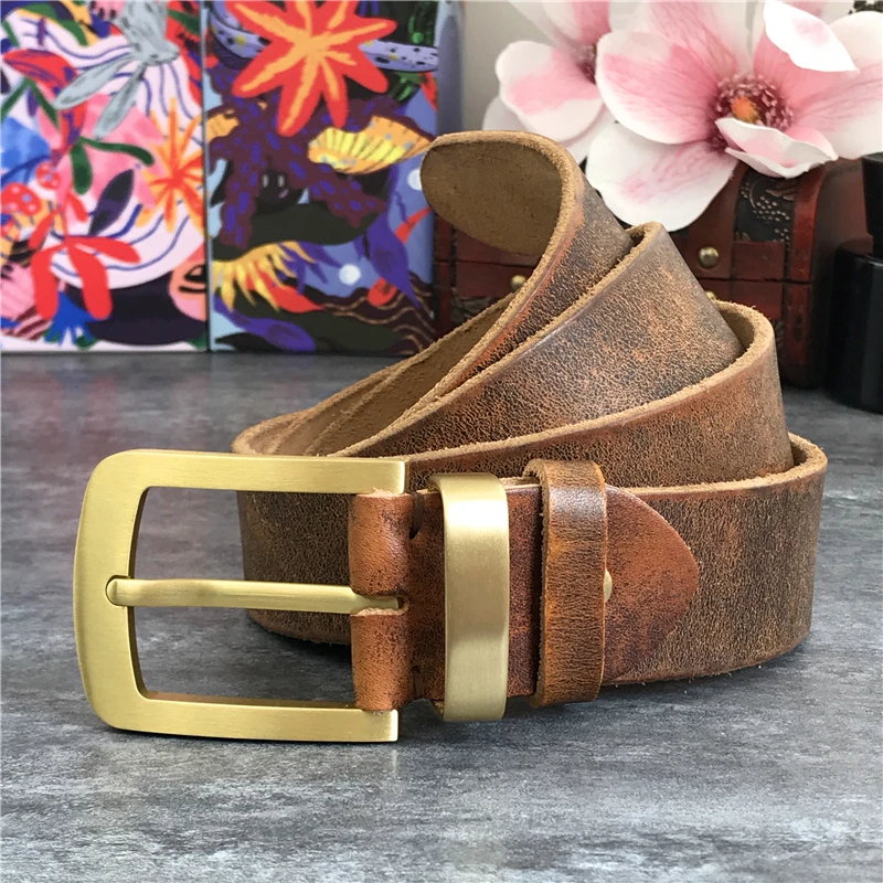 Vintage Brass Belt Buckle Genuine Leather Belt Male Ceinture Yellow Belt Cowboy Jeans Men\' Belt Long 130cm Waist Belt MBT0006